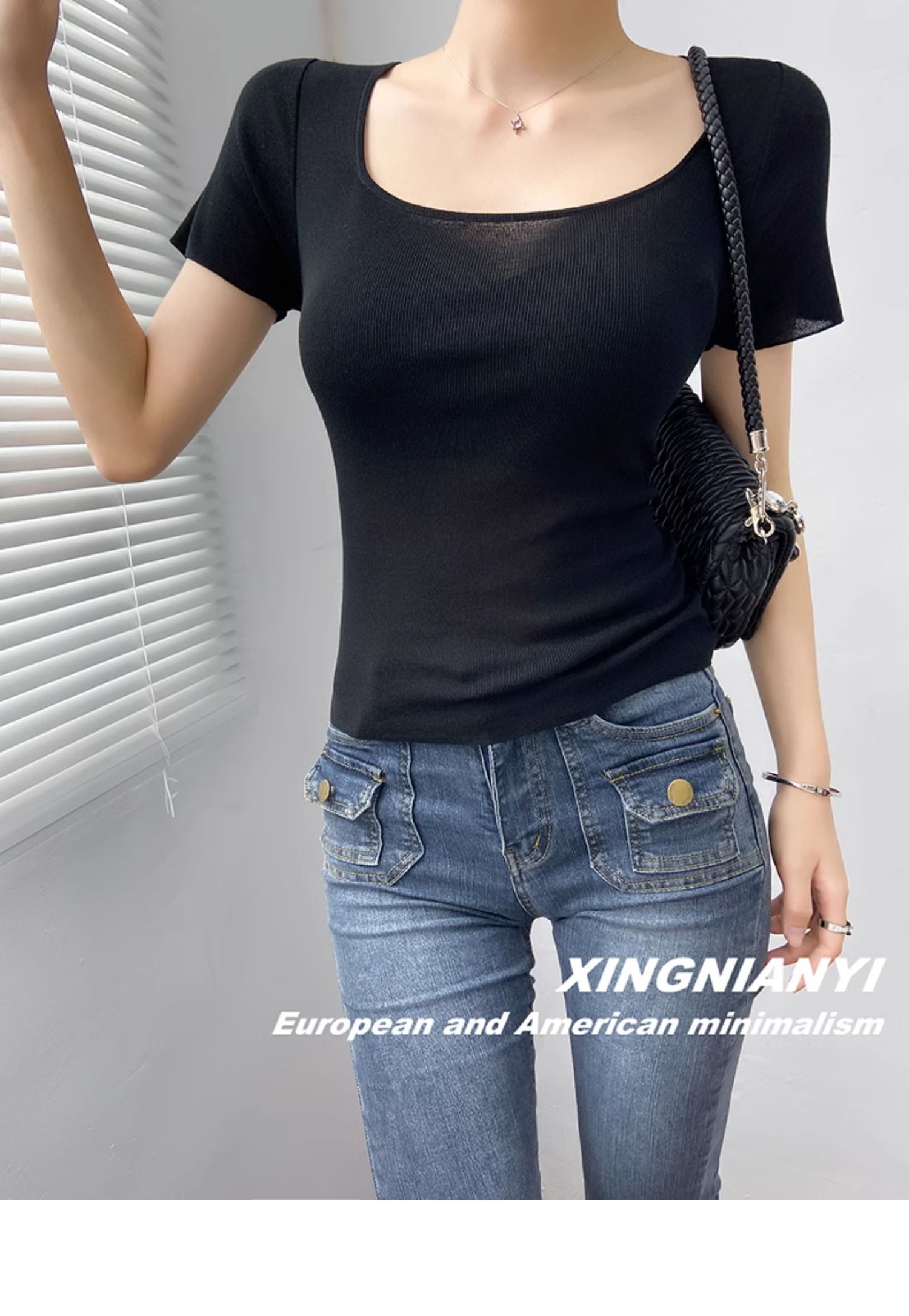 u Collar short sleeve T-shirt female summer fashion Foreign style French perspective sexy temperament tops Advanced sense Thin money Sweater
