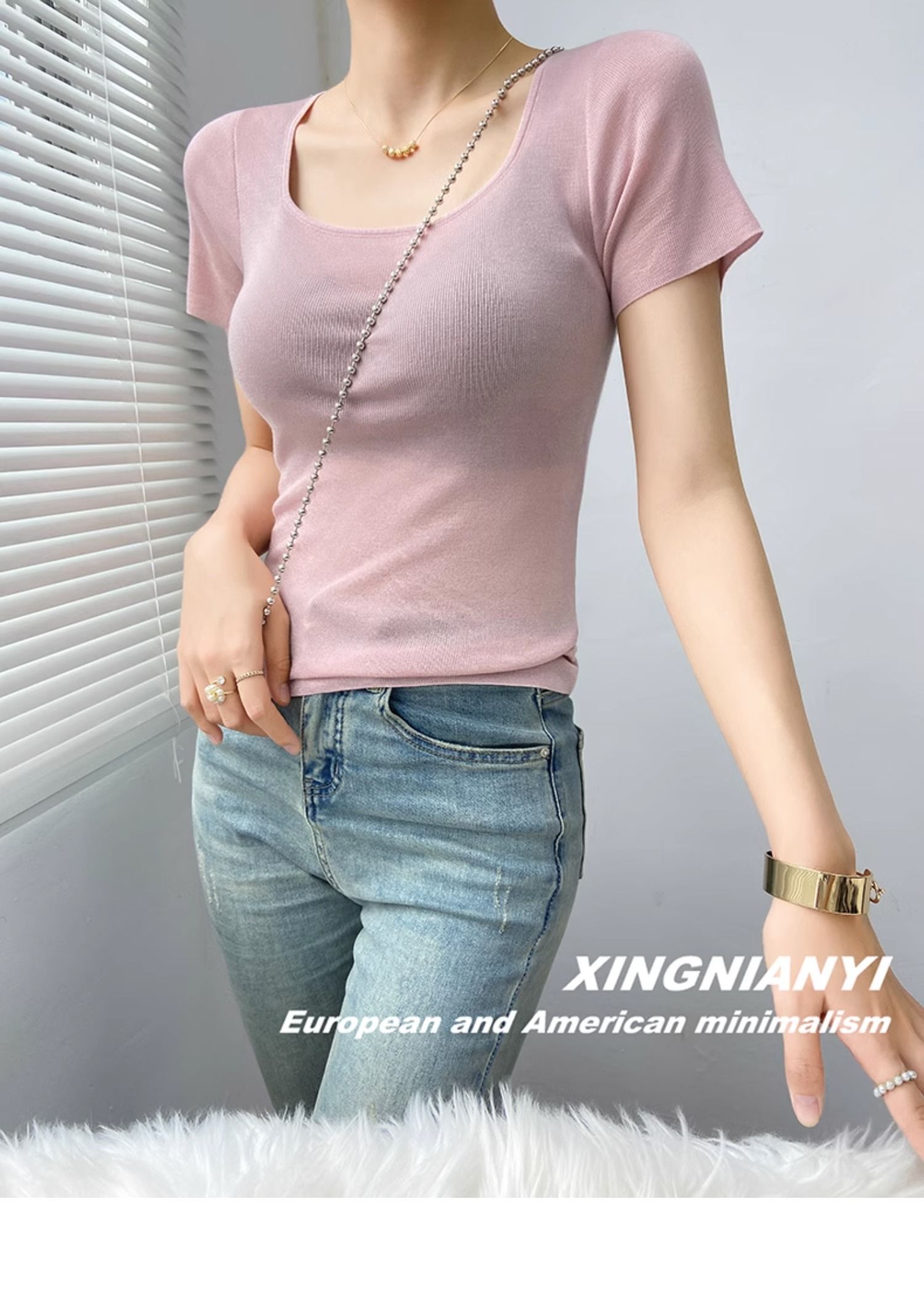 u Collar short sleeve T-shirt female summer fashion Foreign style French perspective sexy temperament tops Advanced sense Thin money Sweater
