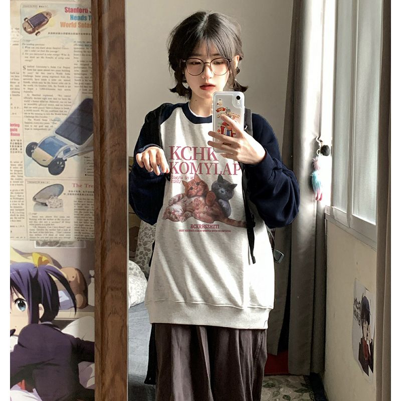 100%重磅純棉美式復古小個子插肩撞色衛衣女oversize2023春秋薄款