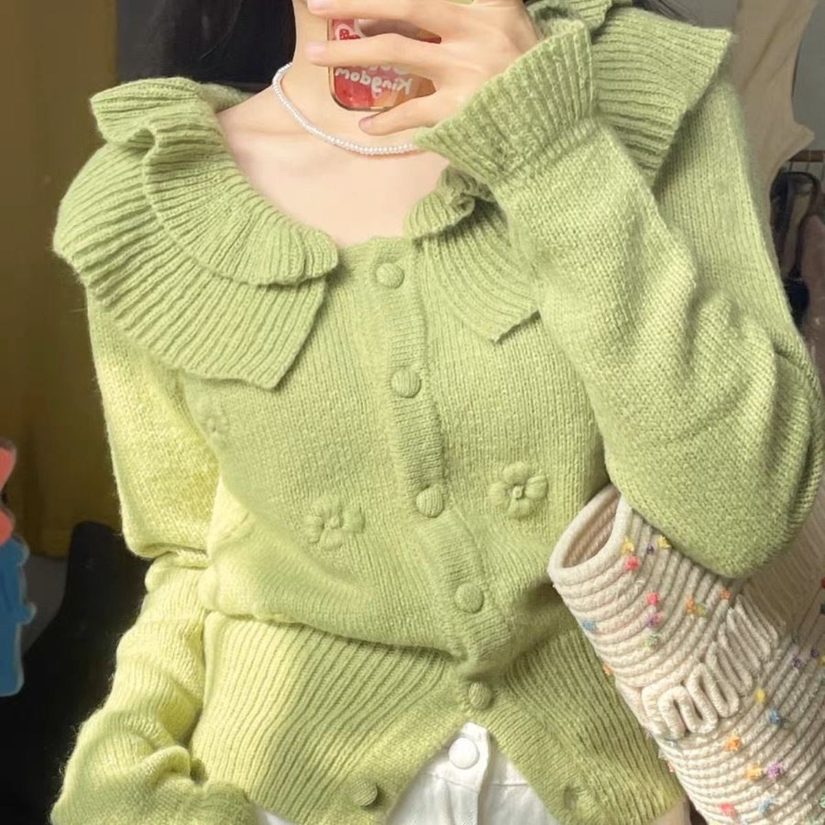 2023新款秋季女裝綠色上衣毛線時尚女開衫小眾設計感復古溫柔風