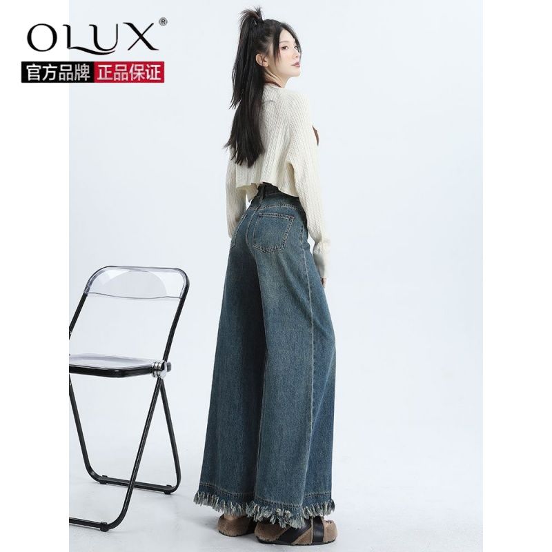 OLUX复古牛仔裤女装年新款高腰宽松垂感拖地长裤阔腿毛边裤子