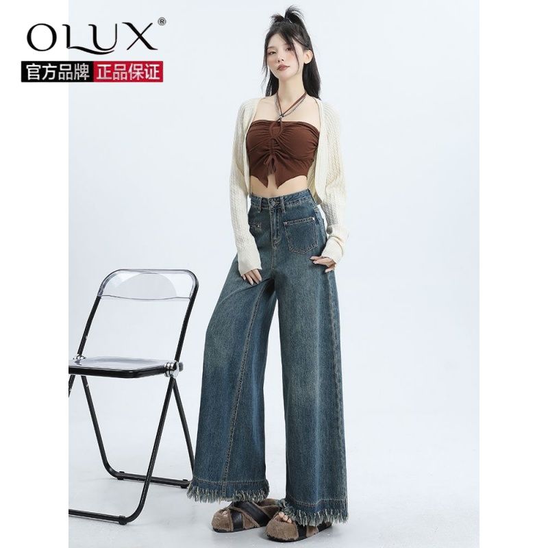 OLUX复古牛仔裤女装年新款高腰宽松垂感拖地长裤阔腿毛边裤子