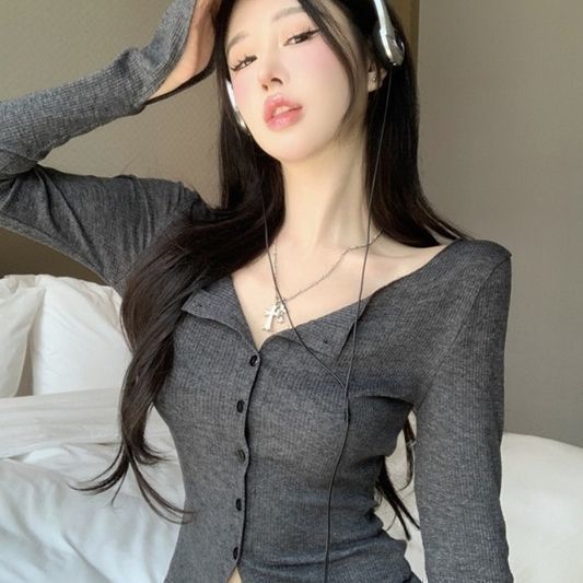 VIBRATE韩版修身显瘦长袖开衫女秋季新款设计感复古气质V领上衣