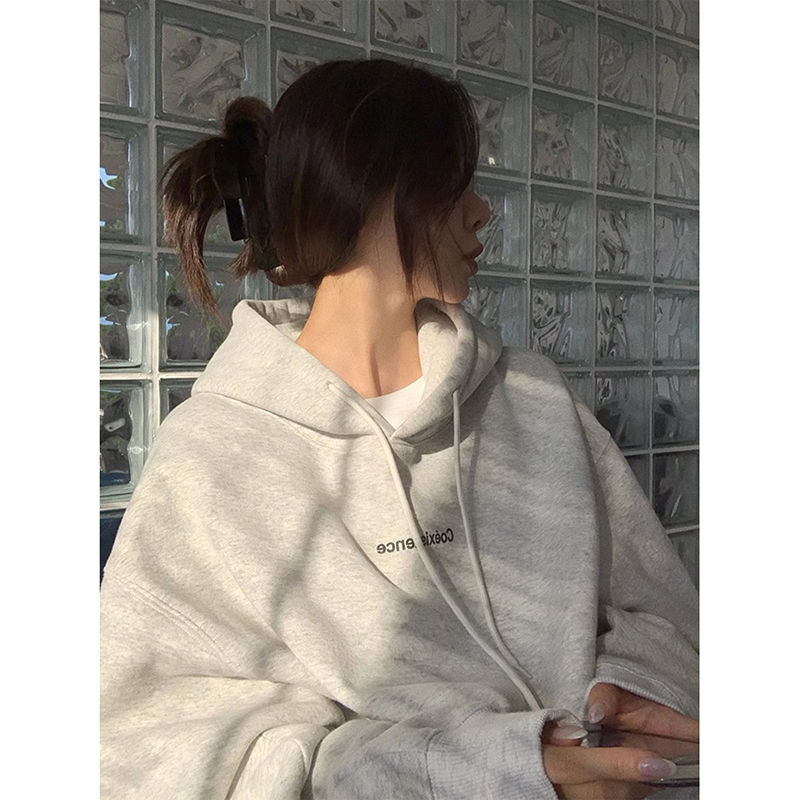 100%重磅純棉美式復古港味chic衛衣女2023春秋薄款小個子連帽外套