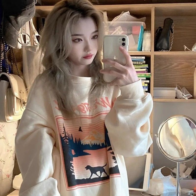 100%重磅純棉vintage美式復古衛衣女2023春秋薄款慵懶風寬鬆上衣