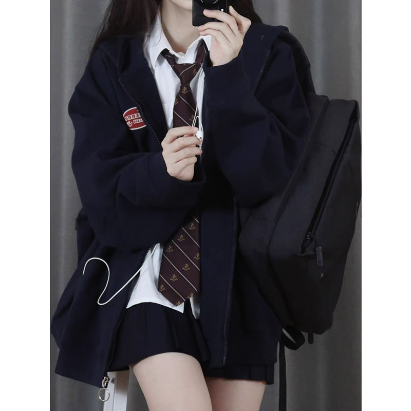 100%重磅純棉美式連帽衛衣女日系寬鬆學院風開衫外套2023春秋薄款