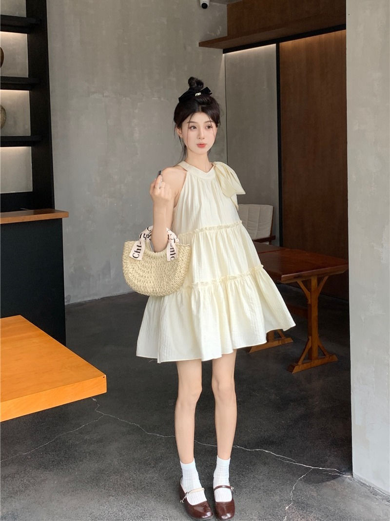 VIBRATE韩版夏季气质显瘦法式少女无袖挂脖裙子女小个子连衣裙