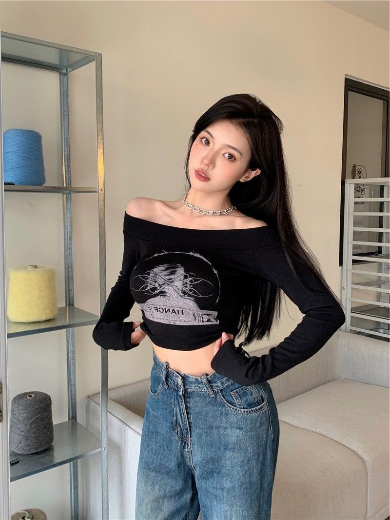 VIBRATE Korean style American hot girl black long-sleeved tops for women autumn new slim slim short tops