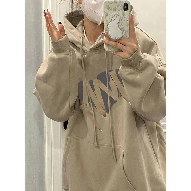 100%重磅純棉愛心字母連帽衛衣女2023春秋薄款別致休閒百搭上衣