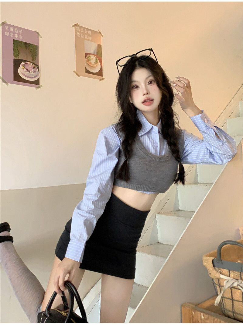 小個子辣妹套裝針織馬甲背心女裝夏季藍色條紋短款襯衫疊穿兩件套