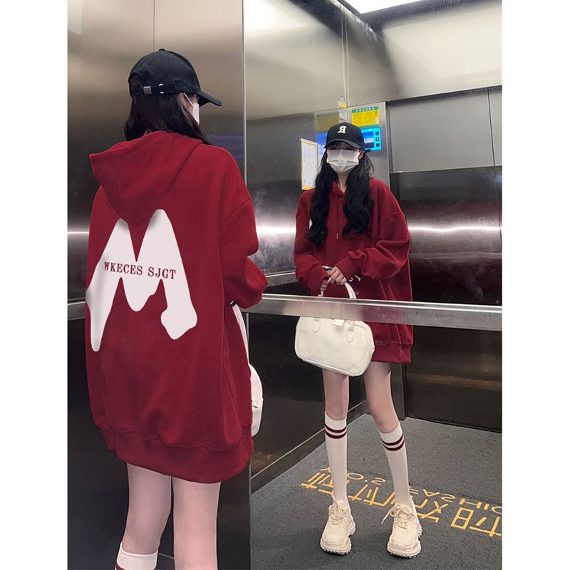 100%重磅純棉連帽衛衣女2023春秋薄款寬鬆百搭慵懶風上衣ins潮牌