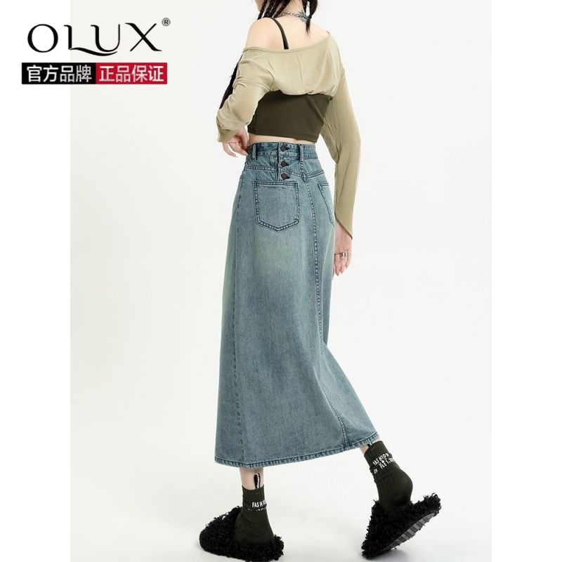 OLUX高腰开叉牛仔半身裙女夏季新款宽松显瘦a字小个子ins包臀半裙