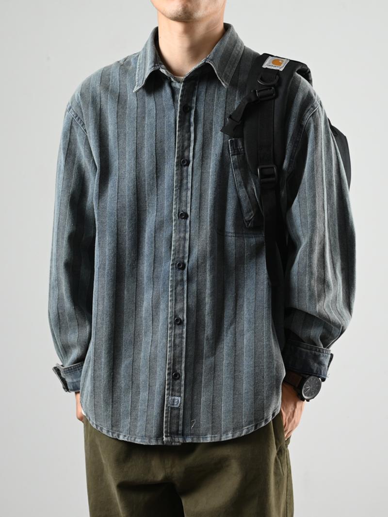 XGI 2023 new autumn style Japanese retro casual denim vertical striped shirt jacket men's trendy shirt trend