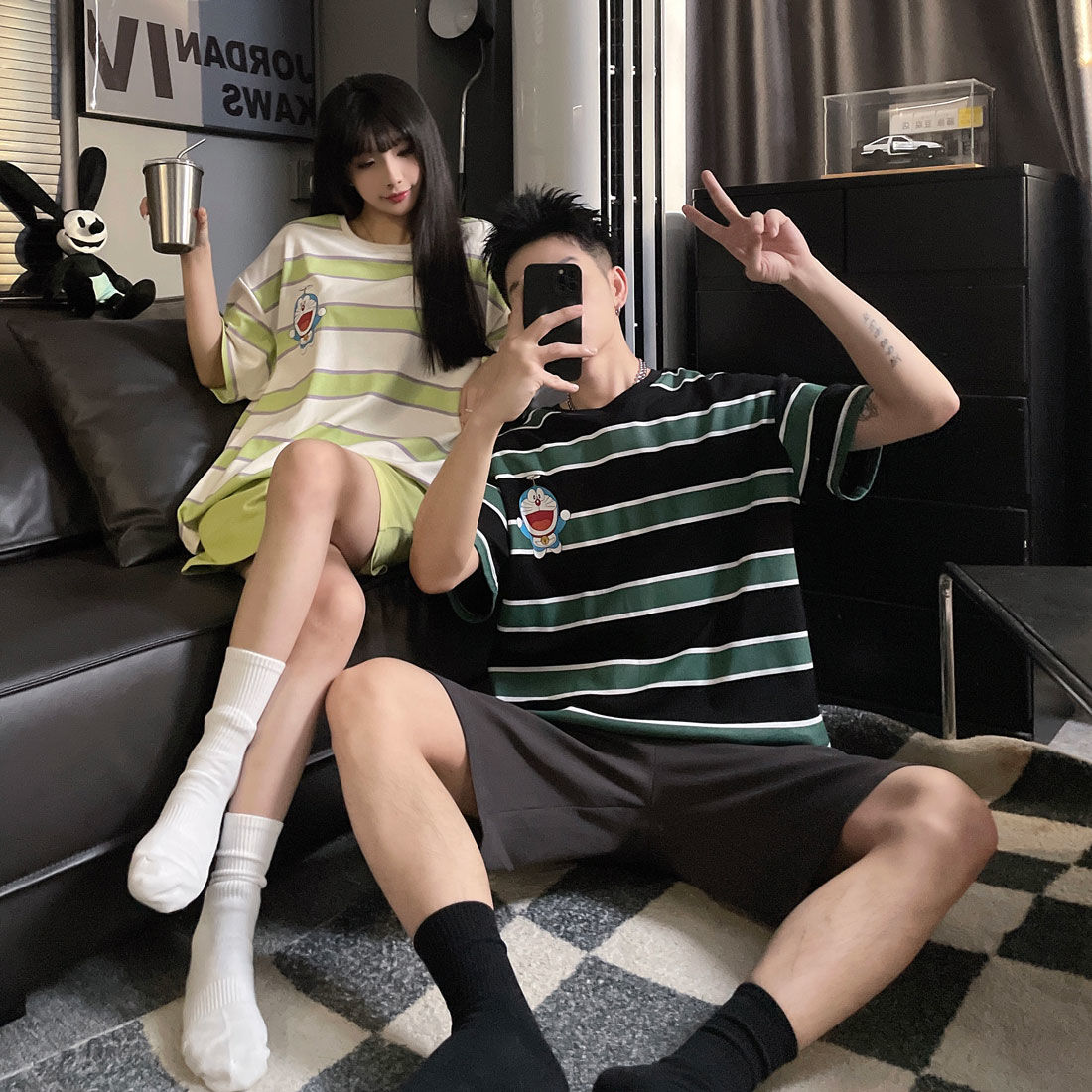 夏季新品短袖情侶睡衣家居服拉架純棉爾圓領套頭休閒寬鬆可外穿