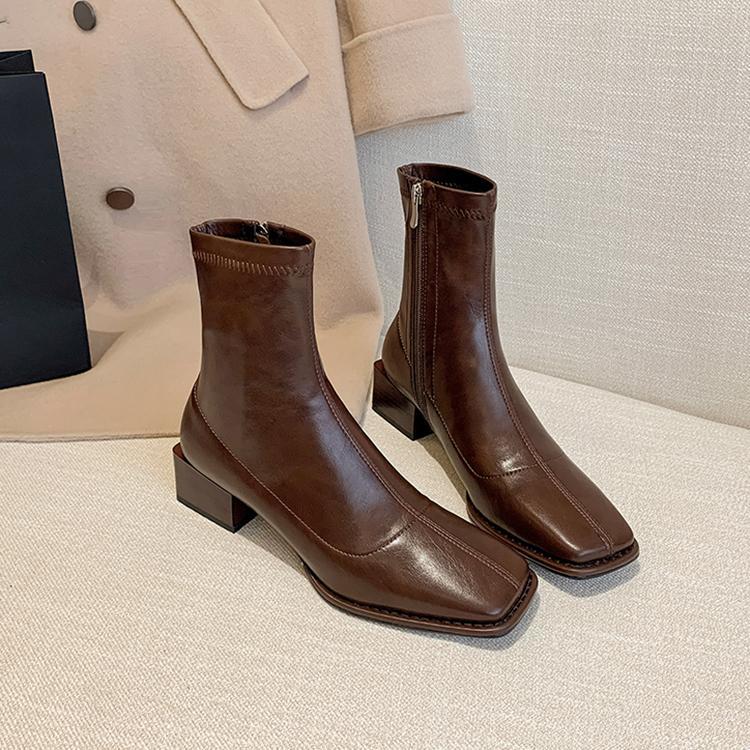 Reserved money! Very comfortable~! Niche square toe British mid-heeled short boots brown thick heel thin boots women's elastic boots