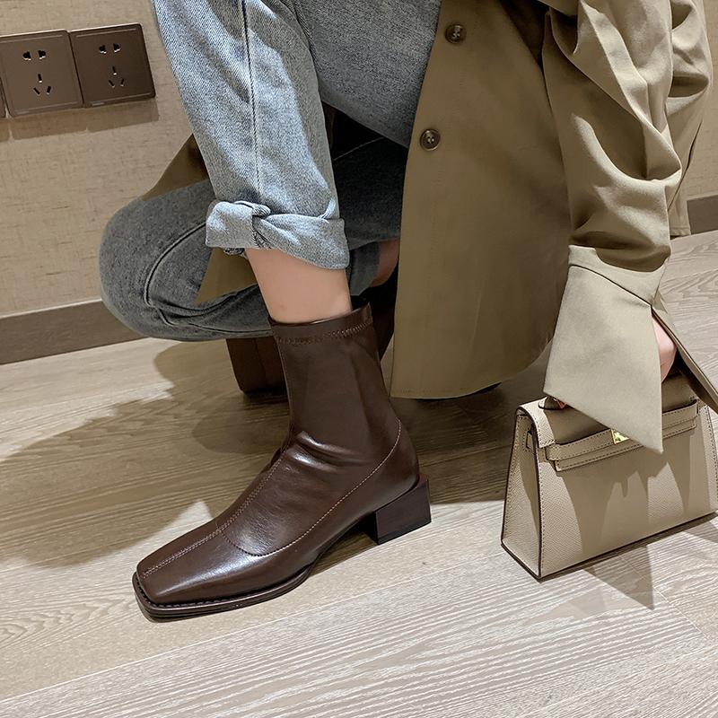Reserved money! Very comfortable~! Niche square toe British mid-heeled short boots brown thick heel thin boots women's elastic boots