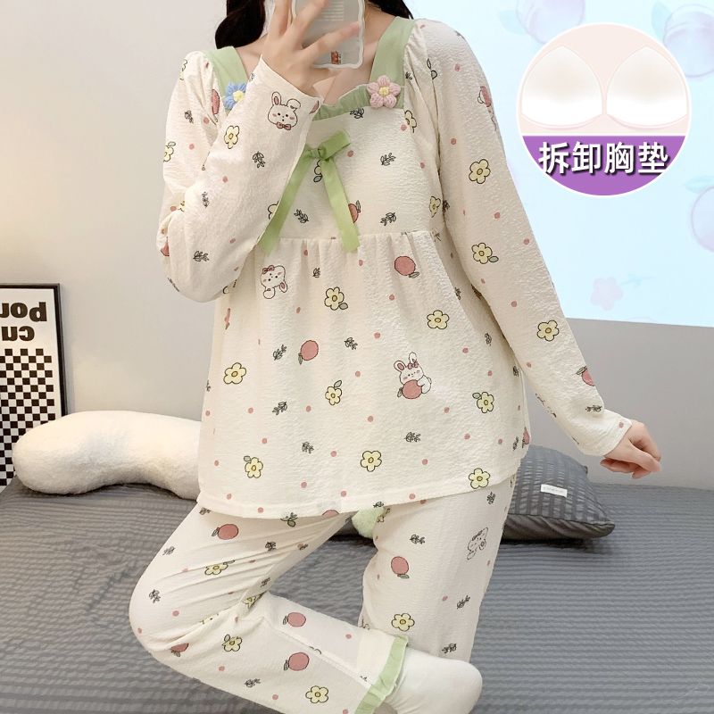 甜美睡衣女春秋季新款帶胸墊長袖長褲套裝梭織皺布薄款套頭家居服