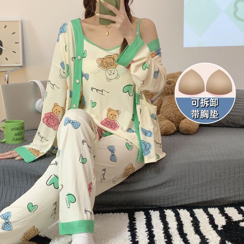 睡衣女春秋季新款縐布開衫三件套帶胸墊加大碼220斤可穿家居服