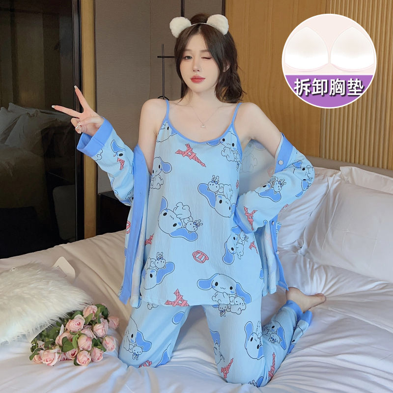 睡衣女夏秋甜美吊帶三件套帶胸墊開衫長褲家居服加大碼230斤可穿