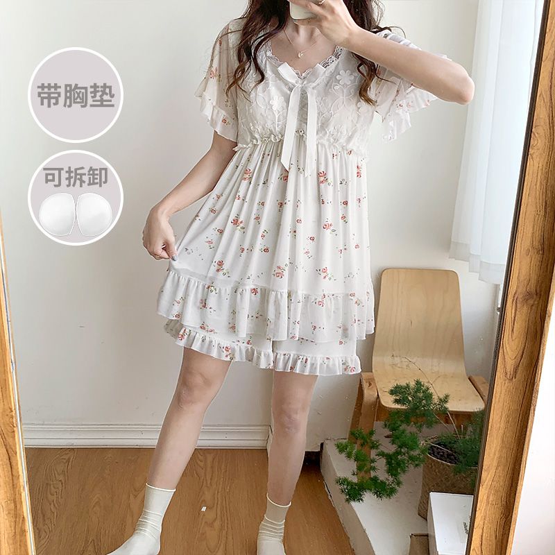 夏季宮廷公主風短袖性感蕾絲睡衣女網紗薄款冰絲莫代爾家居服套裝