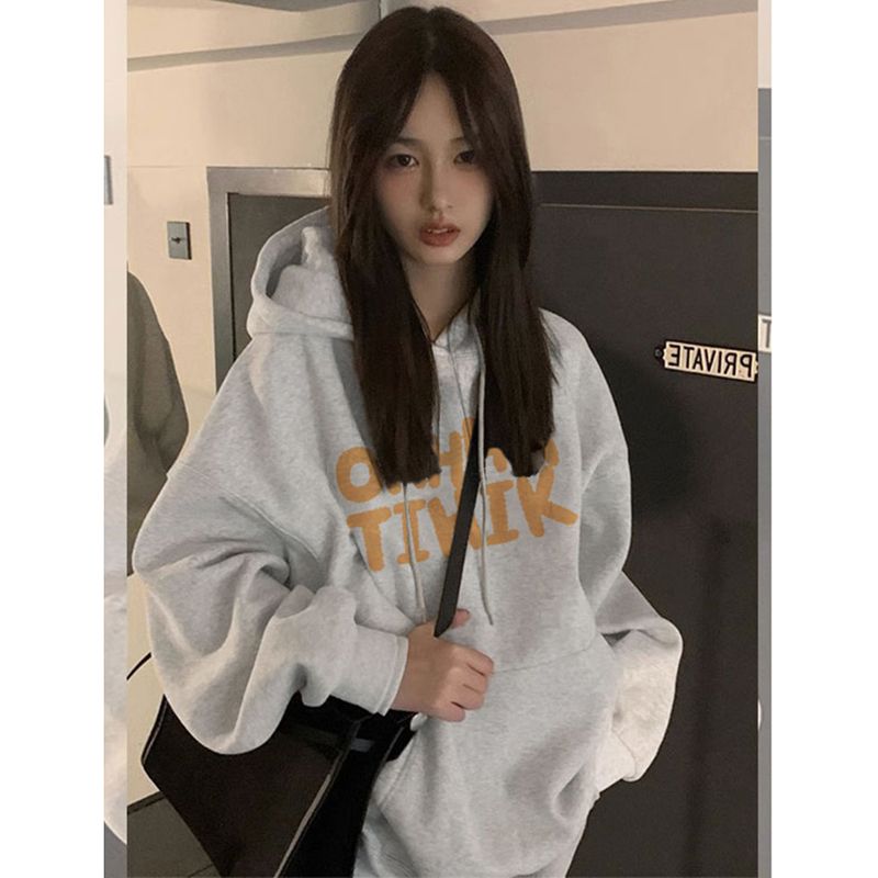100%重磅純棉美式衛衣女韓版寬鬆小個子chic2023春秋薄款連帽上衣