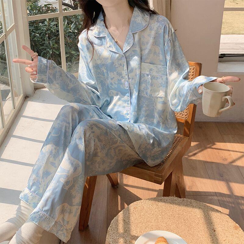 高級感夏天薄款女冰絲睡衣長袖春秋季水墨畫可外穿網紅家居服套裝