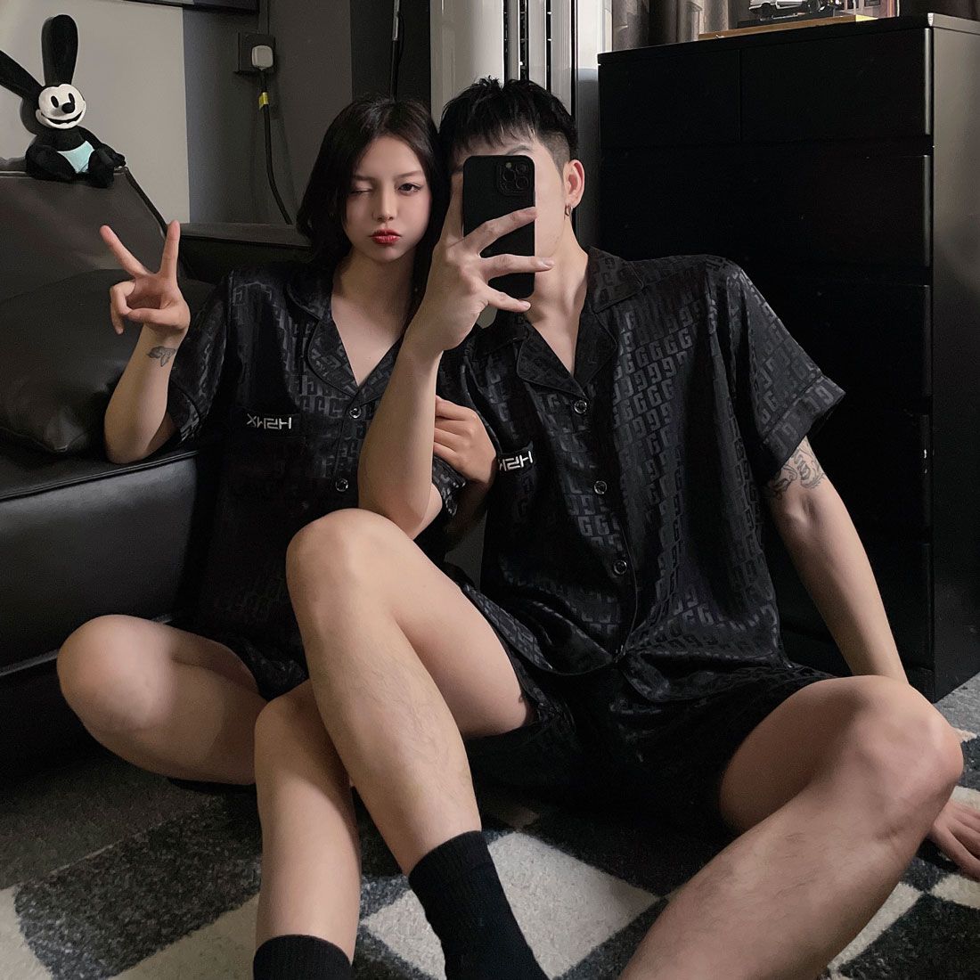 New summer couple pajamas, jacquard ice and snow silk short-sleeved shorts, fashionable and casual two-piece set that can be worn as home clothes