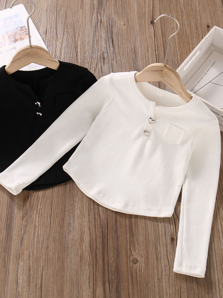 Girls' T-shirt long-sleeved spring and autumn slim fit white bottoming shirt can be worn outside children's Internet celebrity high-waisted short top