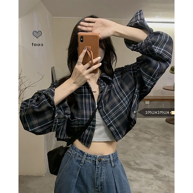 復古格子長袖襯衫外套女秋季港味chic顯瘦短款襯衣薄款防曬上衣潮
