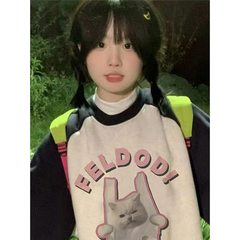 100%重磅純棉美式復古貓咪衛衣女寬鬆2023春秋薄款百搭上衣ins潮
