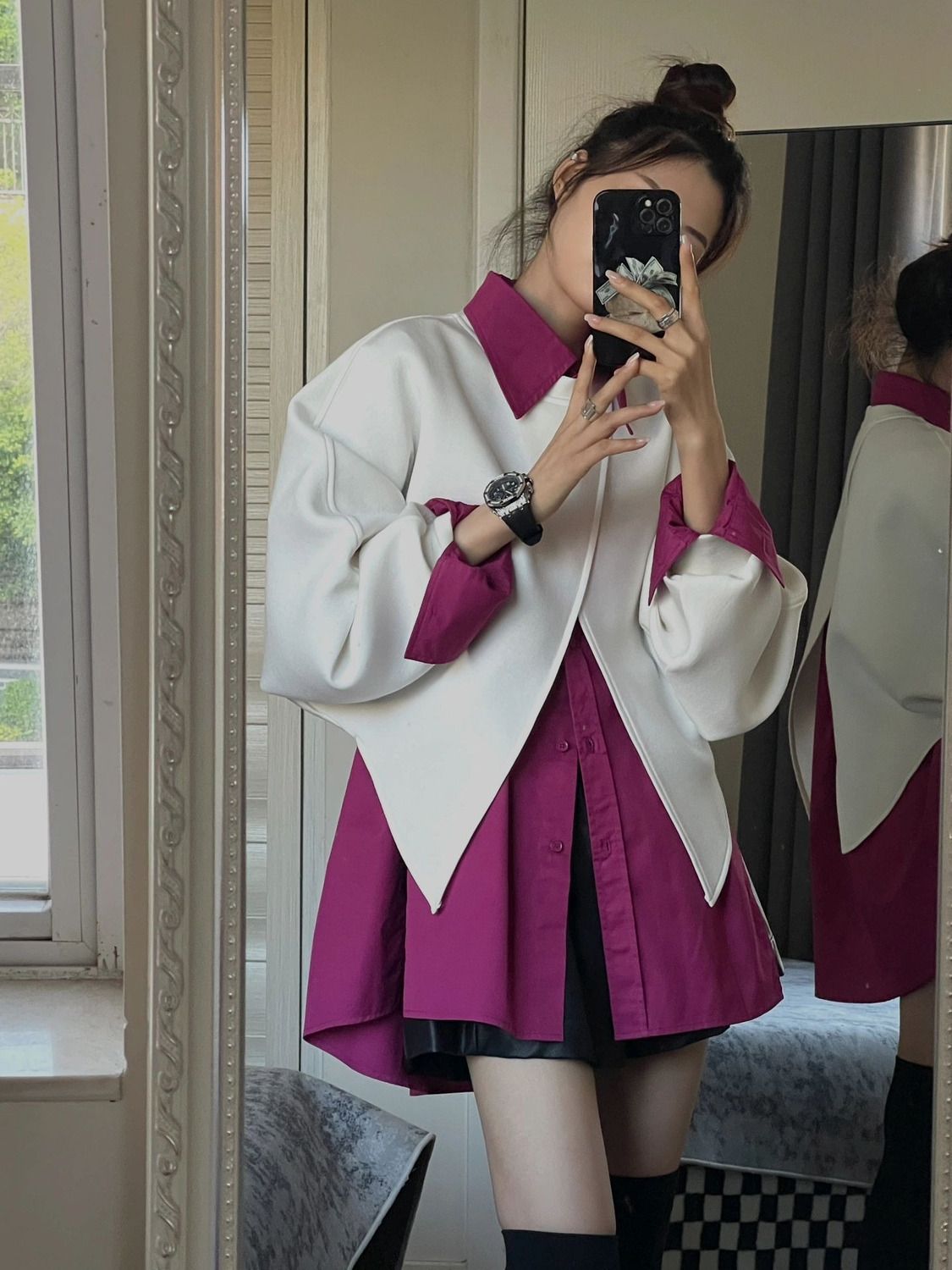 大碼女裝秋季套裝女2023新款韓系甜美風遮肉披肩襯衫短褲三件套裝