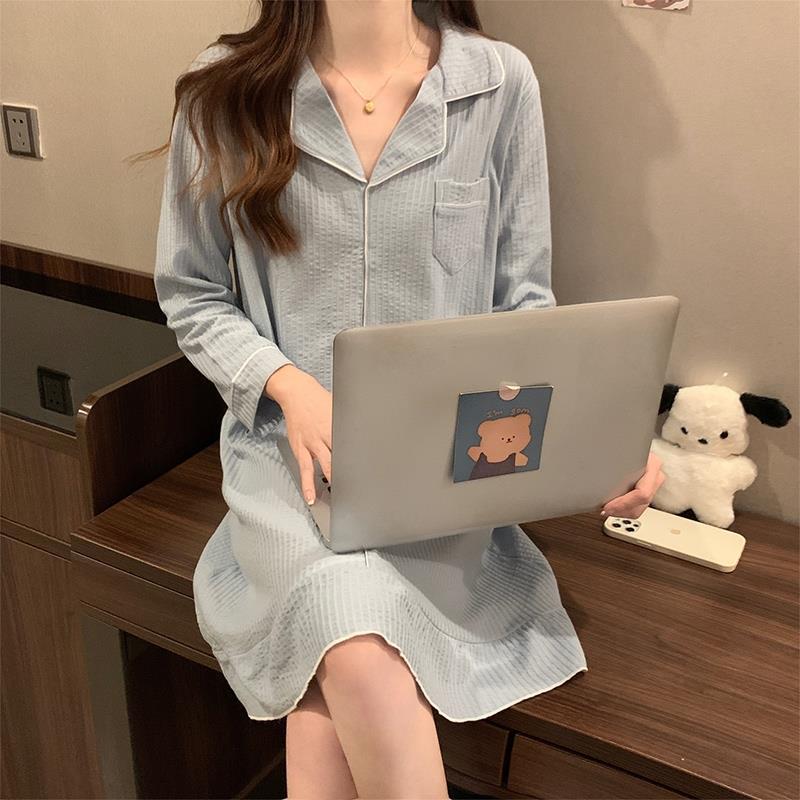 春秋季睡衣女2023新款棉質長袖簡約可外穿睡裙薄款大碼寬鬆家居服