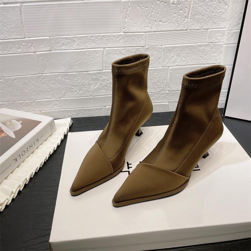 Trendy brand European and American style satin sleeve pointed toe short boots for women 2023 autumn and winter new style stiletto elastic boots short slim boots