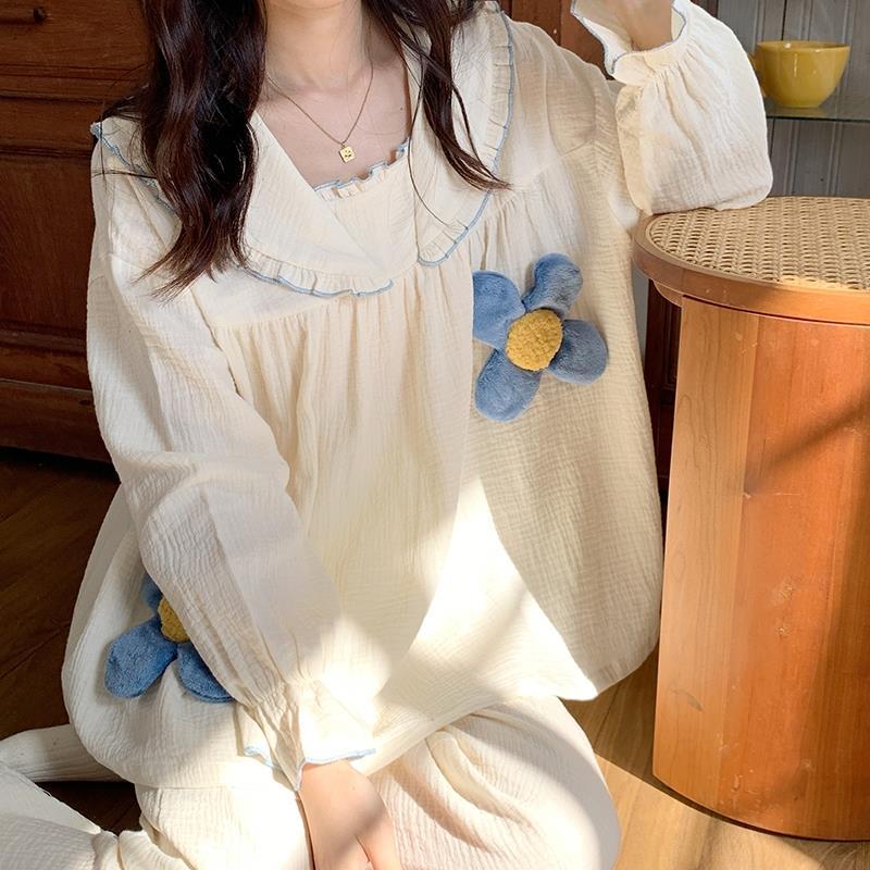 睡衣女春秋季長袖純棉紗布甜美少女可愛套頭網紅風家居服兩件套裝