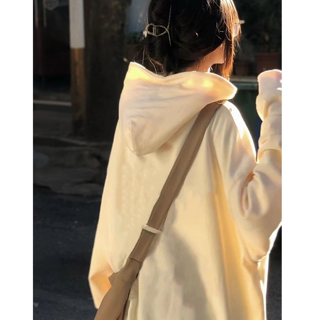 100%重磅純棉杏色連帽女寬鬆百搭2023春秋薄款ins潮牌長袖上衣