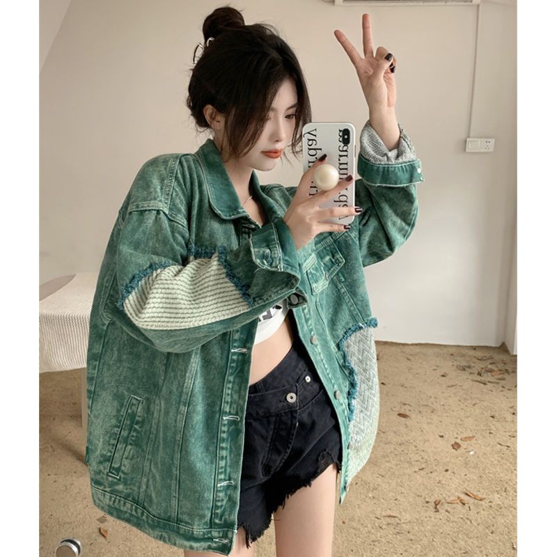 American Retro Spliced ​​Denim Jacket Women's Spring and Autumn Loose Design Niche Casual Versatile Work Jacket Top