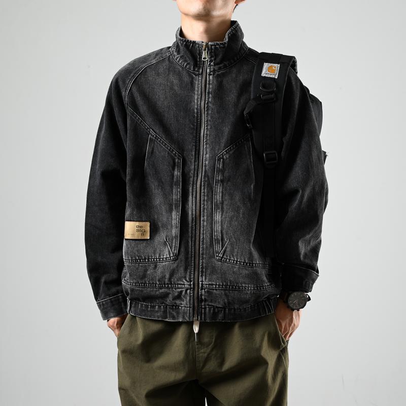 XGI trendy American retro denim jacket for men in autumn new stand-up collar stitching large pockets loose washed jacket