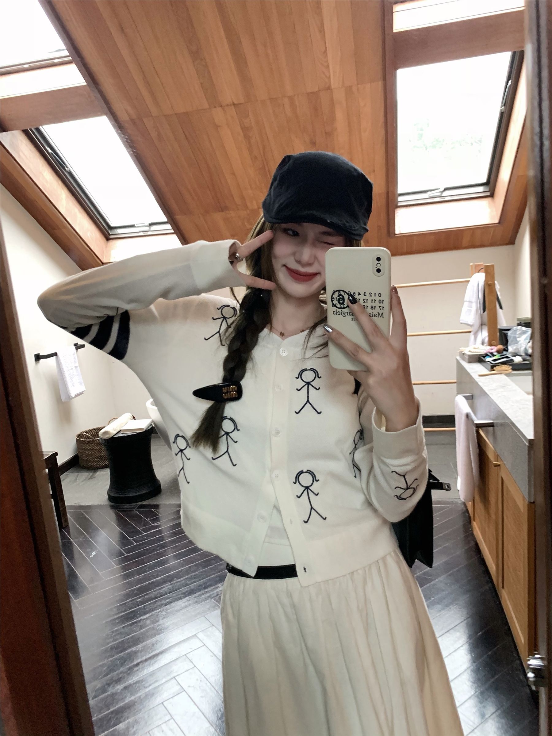 卡通刺繡針織開衫外套春秋女裝新款氣質休閒條紋長袖毛衣外搭上衣