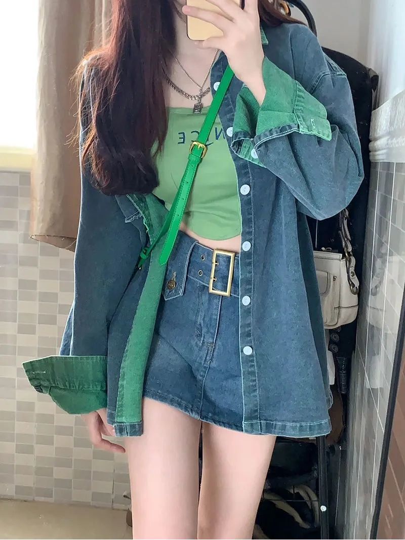 Spring and Autumn Contrast Color Splicing Shirt Denim Jacket Women's Retro Hong Kong Style New Ins Loose Harajuku Style Jacket Top