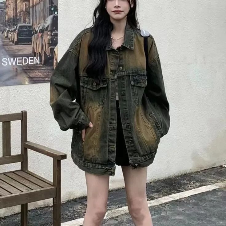 美式復古高街嘻哈水洗做舊牛仔外套女春秋寬鬆oversize夾克上衣潮