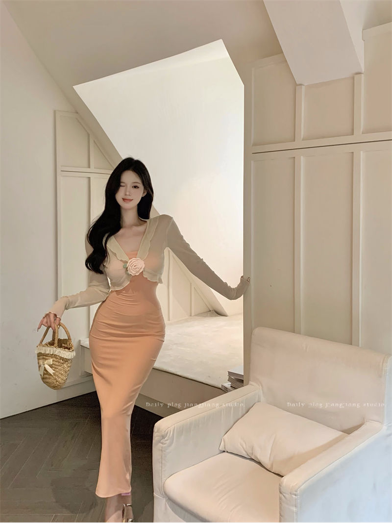 純欲風套裝女夏季長袖針織開衫上衣抹胸連衣裙包臀魚尾長裙兩件套