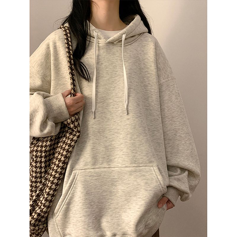 100%重磅純棉美式chic慵懶風純色衛衣女2023春秋薄款oversize外套