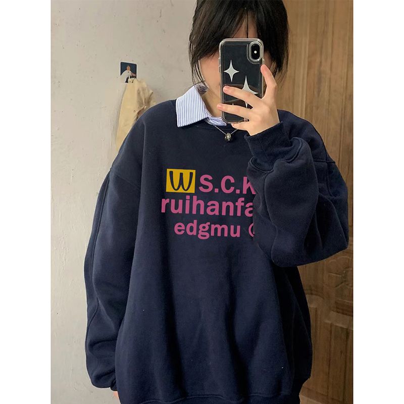 100%重磅純棉藏青色設計感圓領衛衣女2023春秋薄款潮牌百搭上衣潮