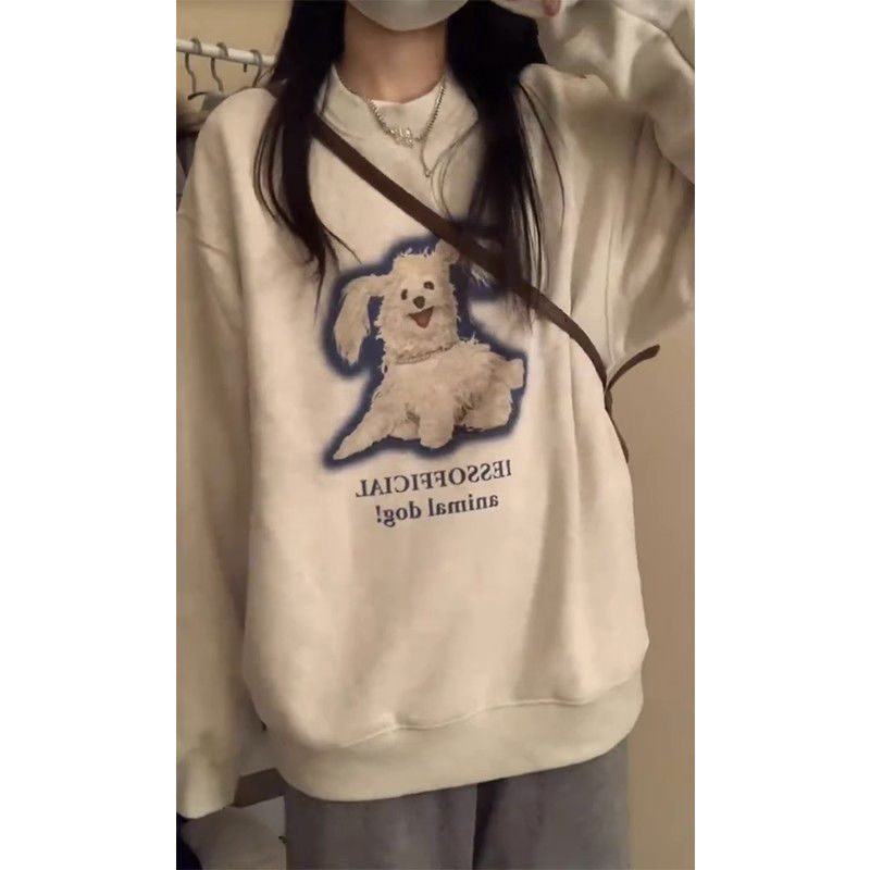 100%重磅純棉小狗衛衣女寬鬆慵懶風oversize2023春秋薄款圓領外套