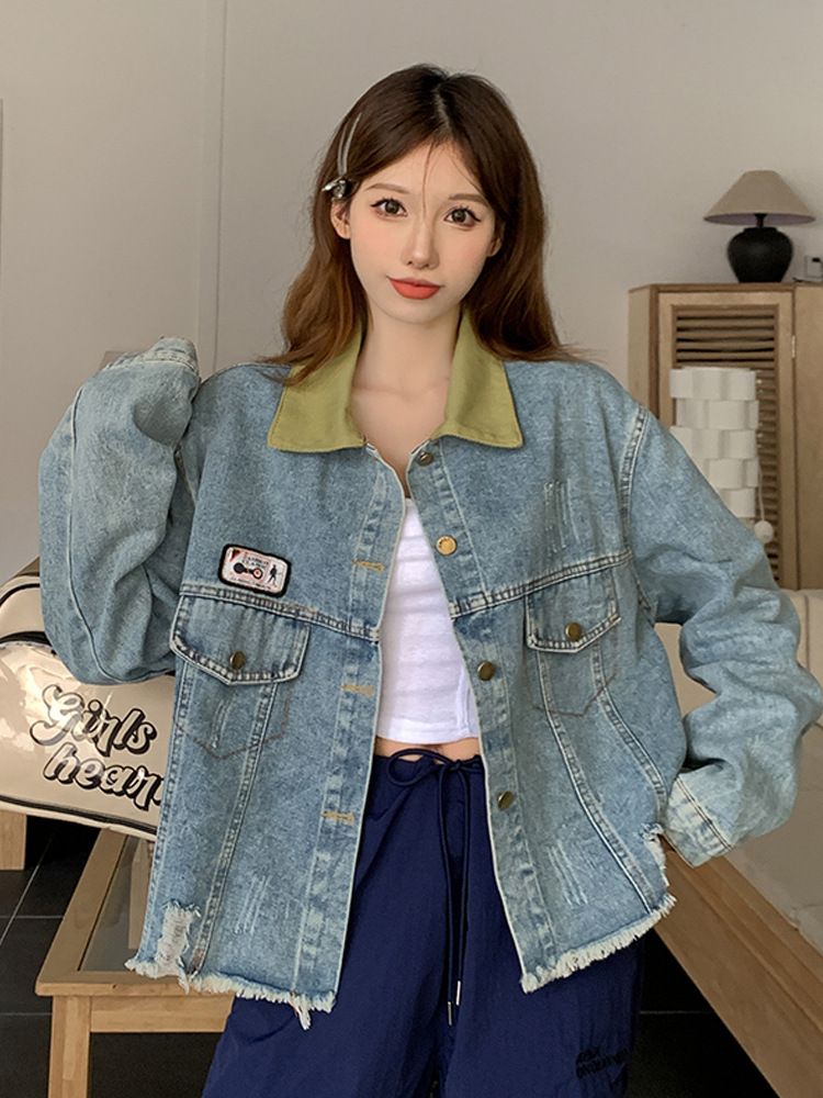 復古撞色翻領牛仔外套女春秋新款毛邊設計感寬鬆韓版長袖夾克上衣