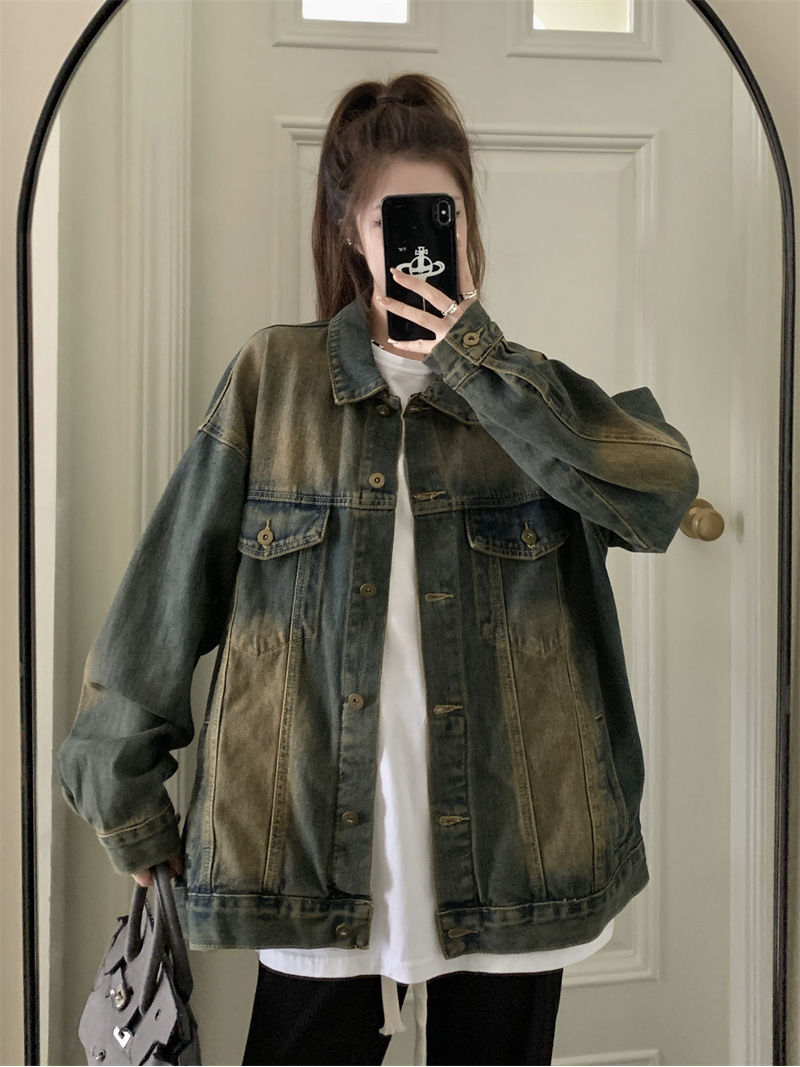 High street hip-hop washed distressed denim jackets for men and women in autumn and winter street loose oversize jackets trendy brands