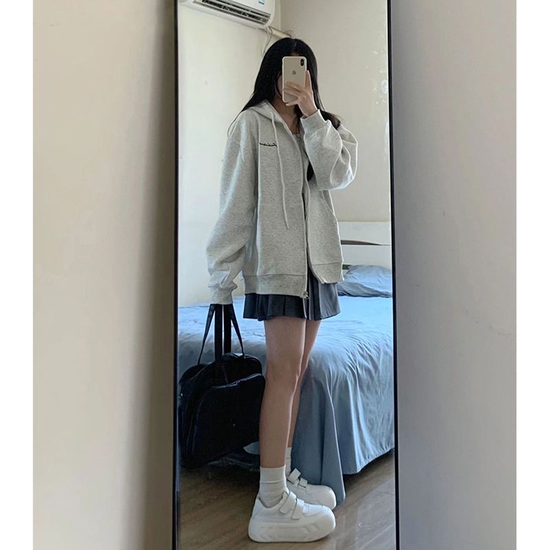 100%重磅純棉字母開衫衛衣女2023春秋薄款oversize寬鬆慵懶風外套
