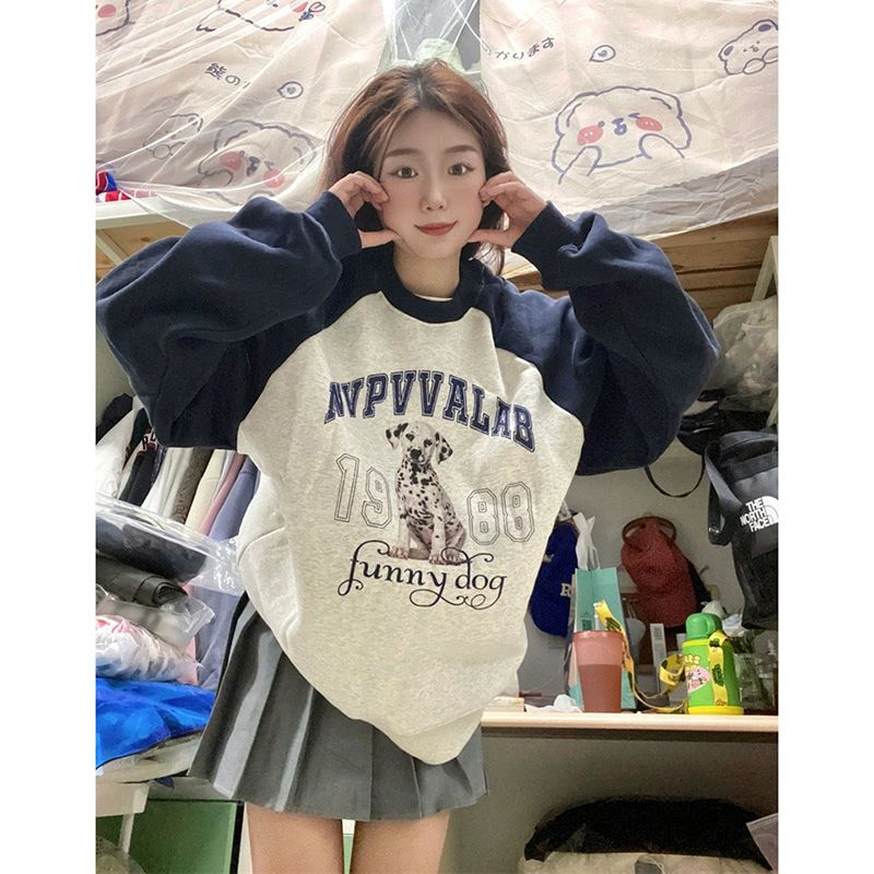 100%重磅純棉美式復古撞色插肩袖重磅衛衣女2023春秋薄款長袖上衣