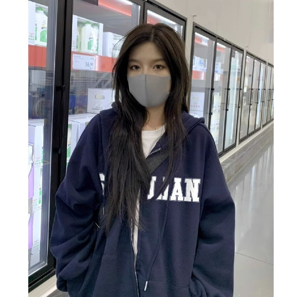 100%重磅純棉國潮牌美式oversize拉鏈衛衣女2023春秋薄款港味外套