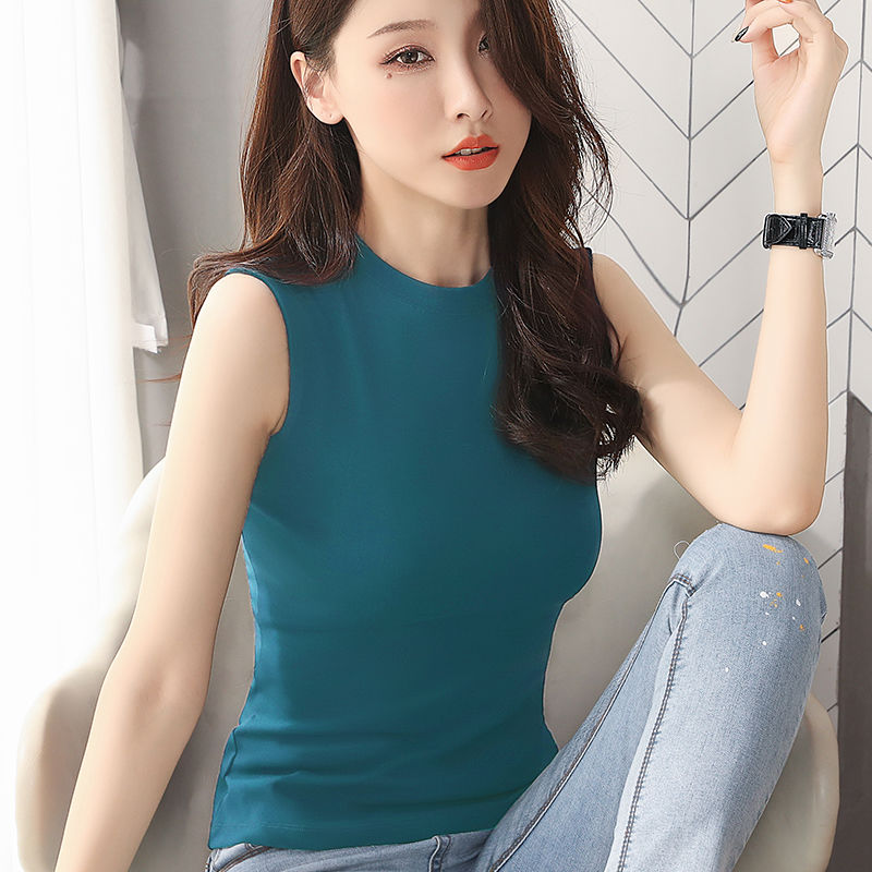 孔雀藍半高領無袖上衣女士夏季新款百搭短款緊身修身中領背心外穿